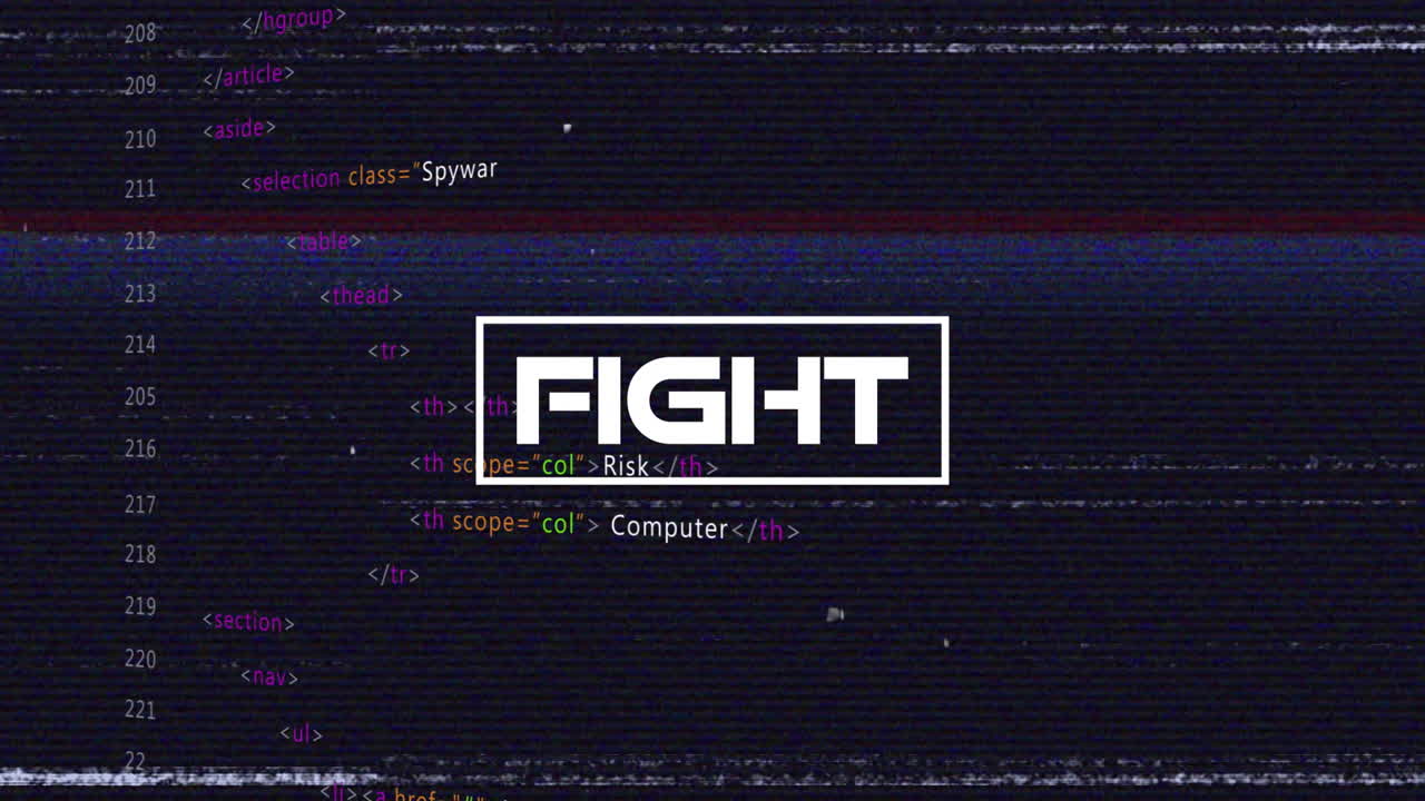Animation of glitchy computer code with bold FIGHT text overlay in school setting