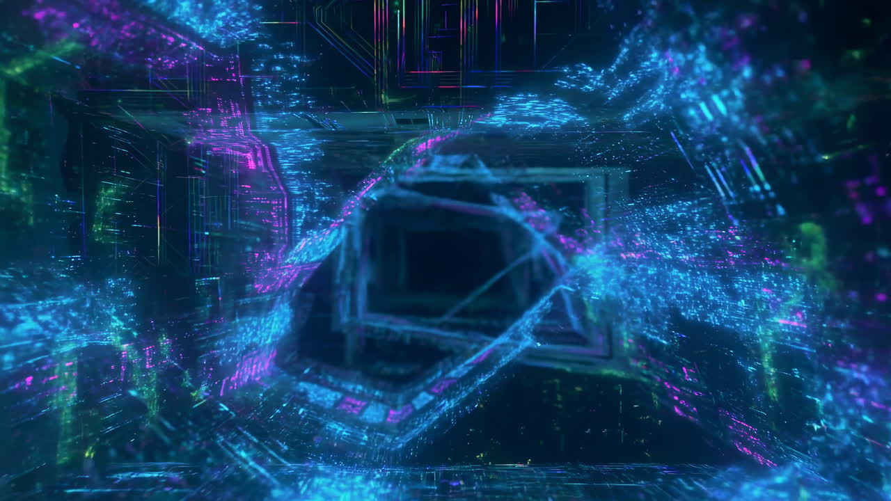 Neon Cyber Tunnel With Swirling Data, Virtual Gateway Navigated By Cybersecurity Analyst POV, Pulsing Blue