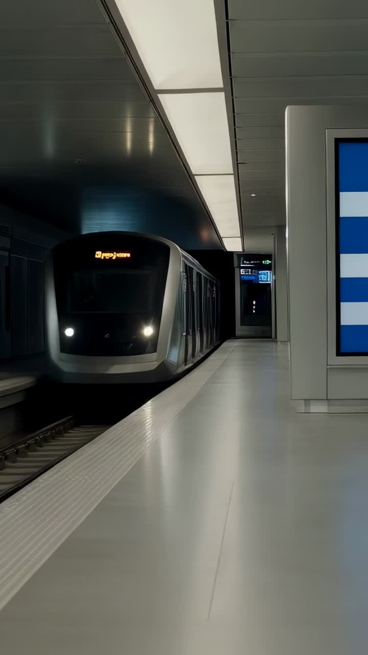 Video verticale: treno della metropolitana in arrivo che prosegue il suo percorso lungo il binario della stazione, superando un cartellone pubblicitario con bandiera blu