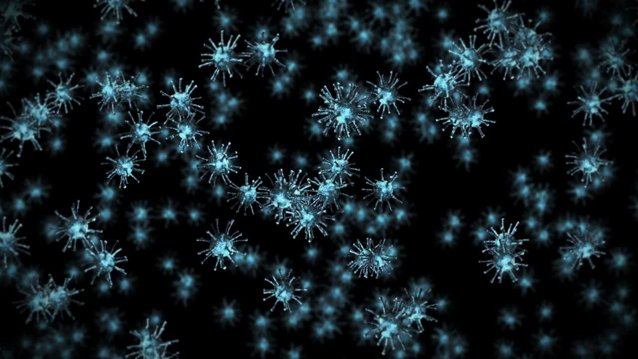 Flying many virus cells on black background. Medical concept, Microscopic illustration. 3D animation of virus molecule rotating. Loop animation.