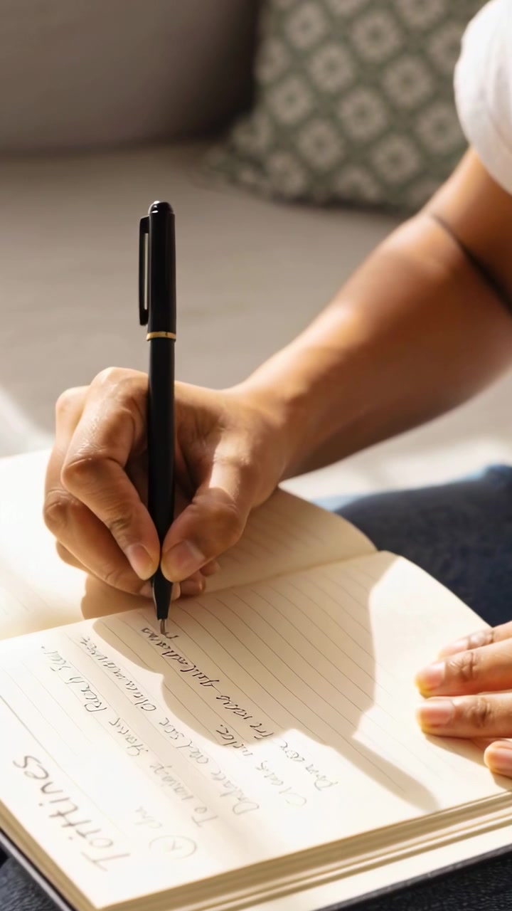 Vertical video: Starting pen touching page, woman in white tee writing heading on notebook on couch