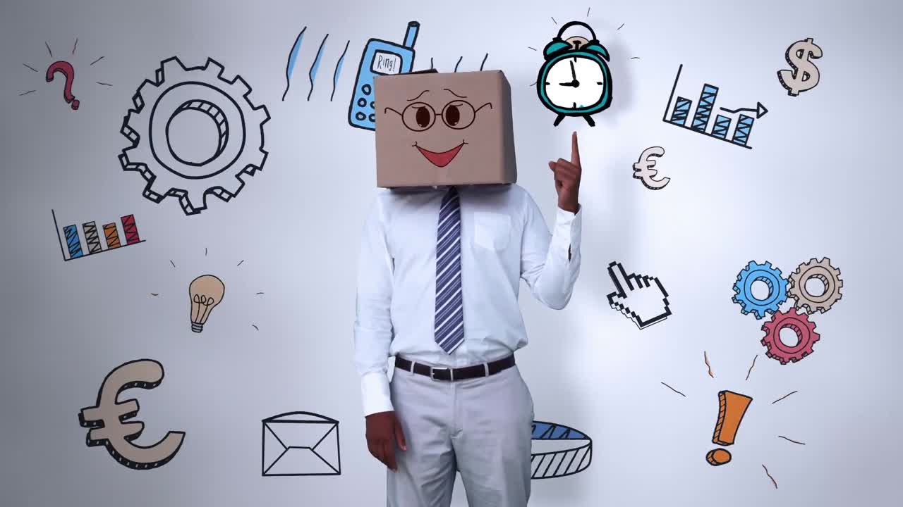 애니메이션 알람 시계 를 가리키는 머리 에 카톤 을 든 사업가