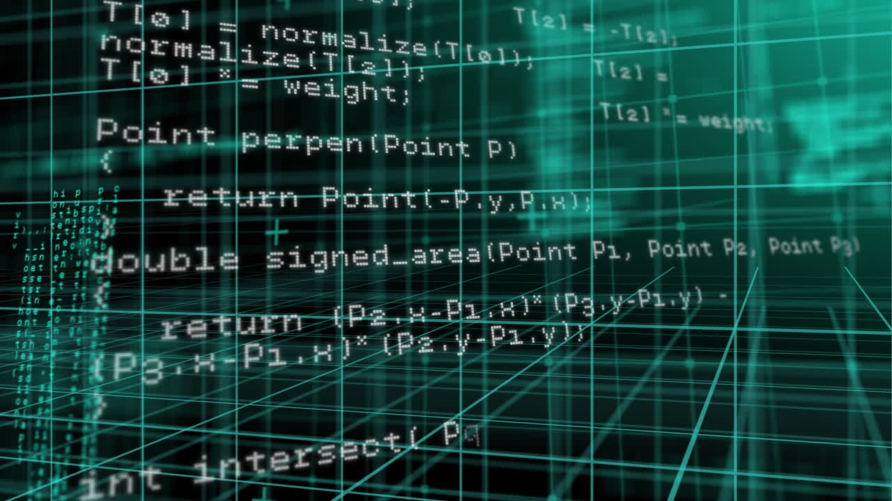 Animation of layers of processing data and coding moving over 3d grid on black background