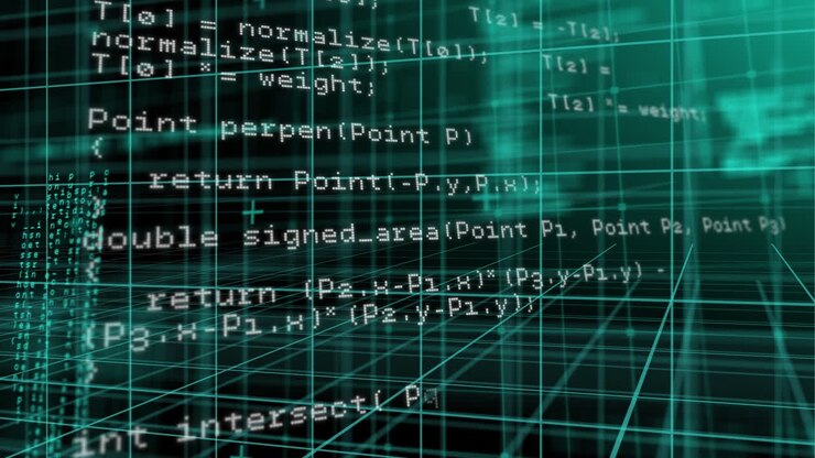 Animation of layers of processing data and coding moving over 3d grid on black background
