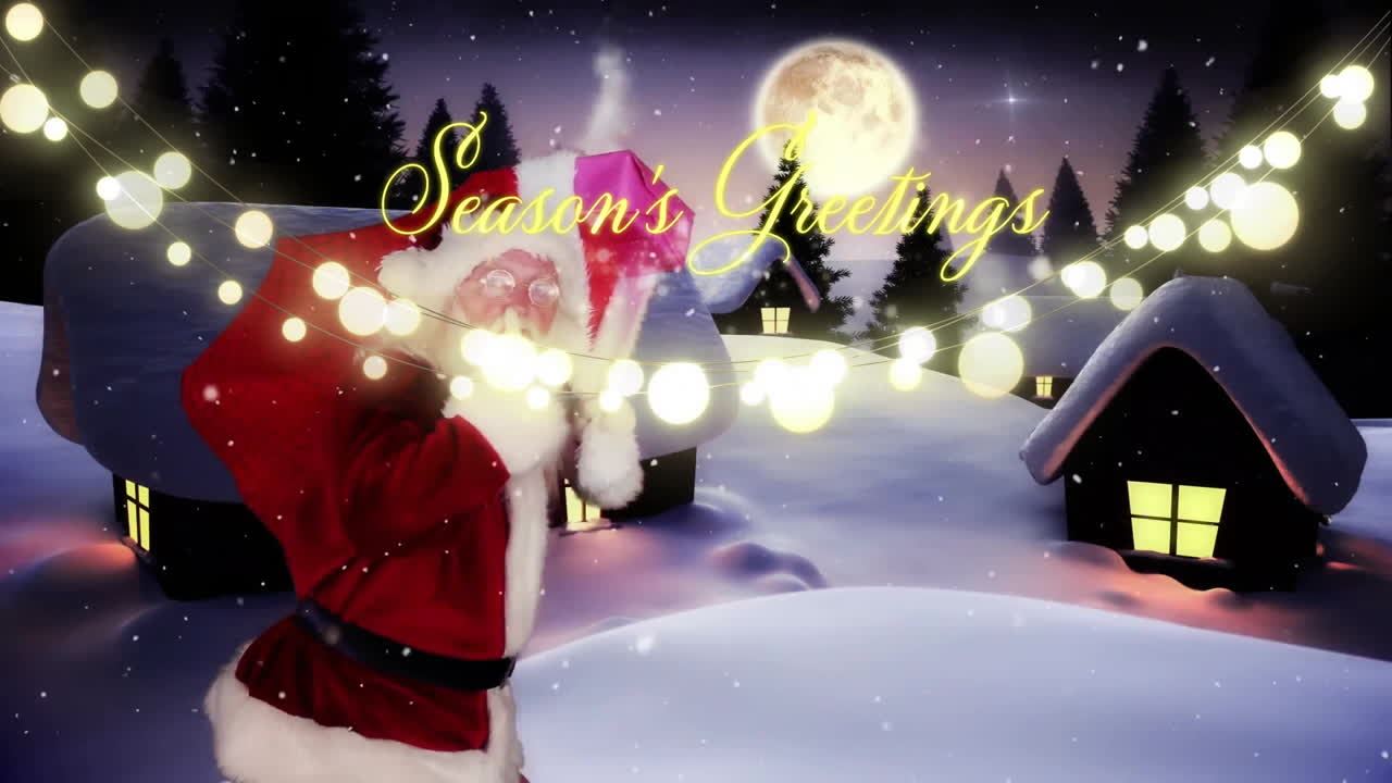Carrying gift bag, Santa with animation of Season's Greetings over snowy village