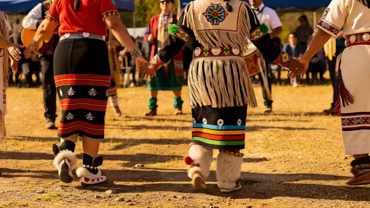 Batida de tambor começando, dançarinos pisando em campo seco com tambor, xales com franjas e mukluks para cerimônia.