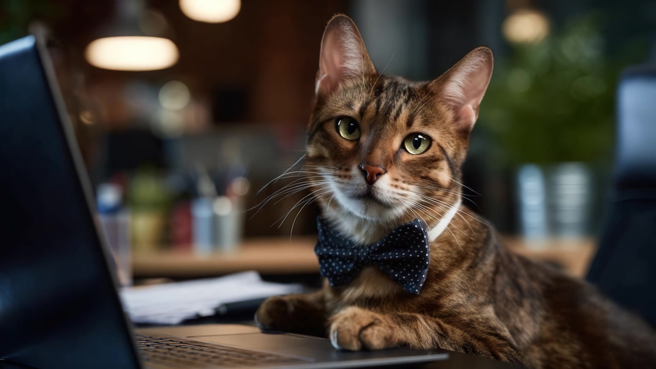 Gatto affascinante con un papillon che posa elegantemente a una scrivania con un portatile, circondato da decorazioni da ufficio, creando un'atmosfera adorabile e professionale.