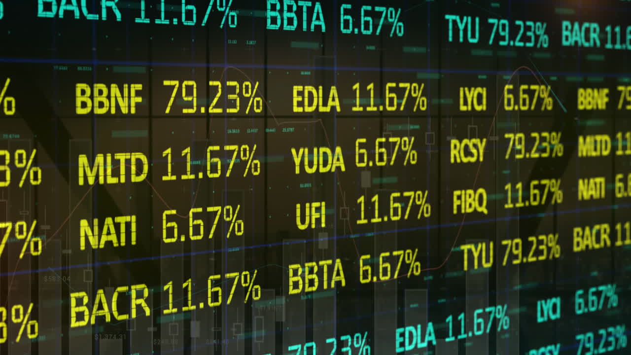 Animazione di borsa e elaborazione di dati finanziari su sfondo nero