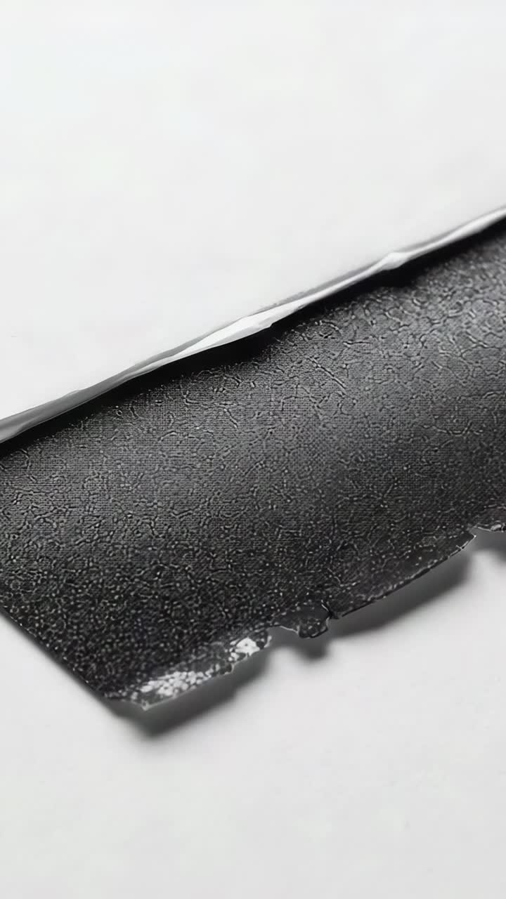 Vertical video: Panning camera revealing black strip with white film on table, exposing seam beads
