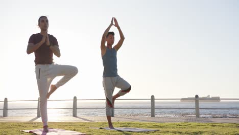 feliz pareja masculina gay diversa haciendo yoga y meditando en el paseo marítimo, cámara lenta