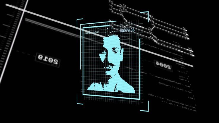 Digitaalinen kasvojen skannaus tietojenkäsittelyanimaatiolla mustalla taustalla.