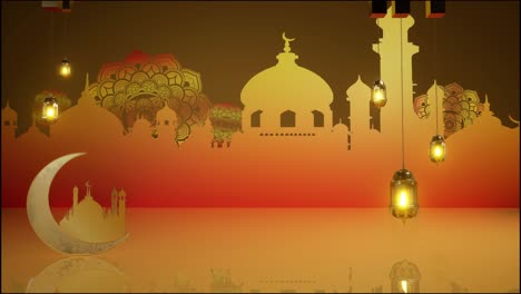 eid mubarak gráficos animados con luna y mezquita con fondo de mandala islámico. mezquita de linterna religiosa islámica tradicional. celebración del ramadán. decoración de festivales de cultura árabe