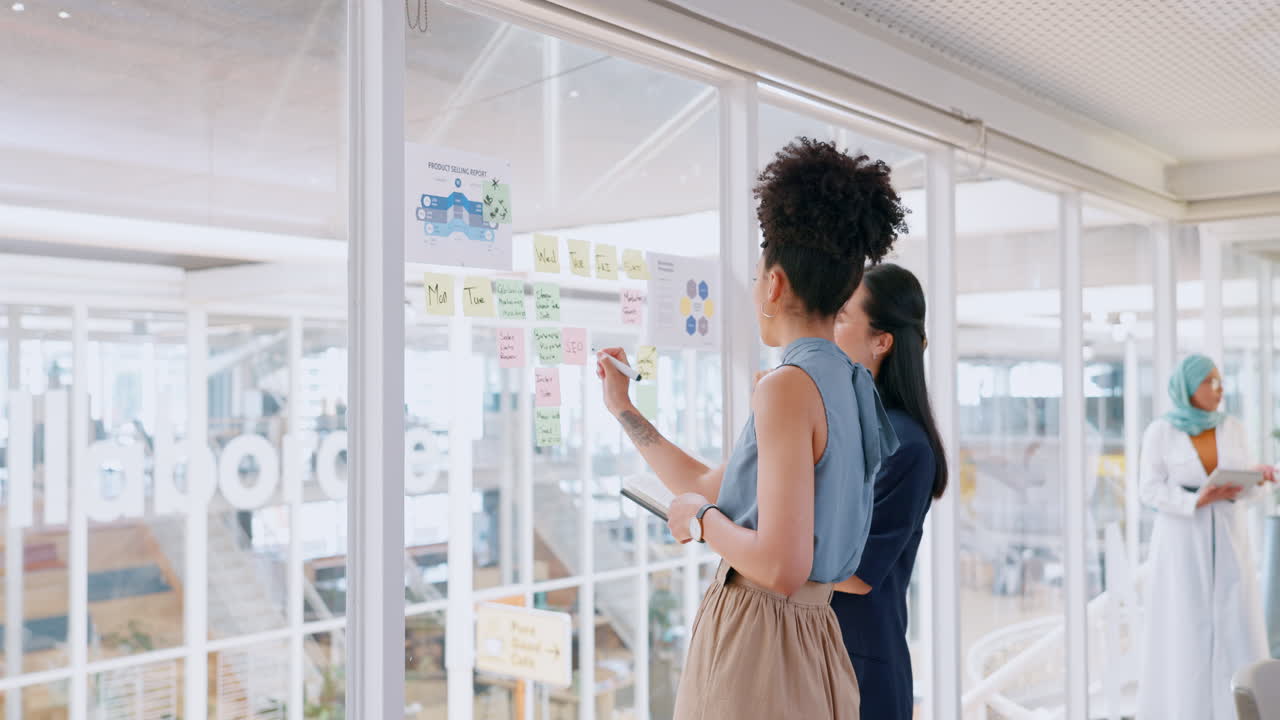 Sticky note, notebook and teamwork of business