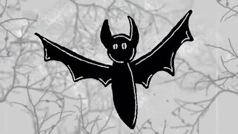 Animation-of-halloween-bat-over-branches-on-moving-grey-background