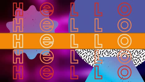 Animation-of-hello-text-over-colorful-graphics-and-shapes