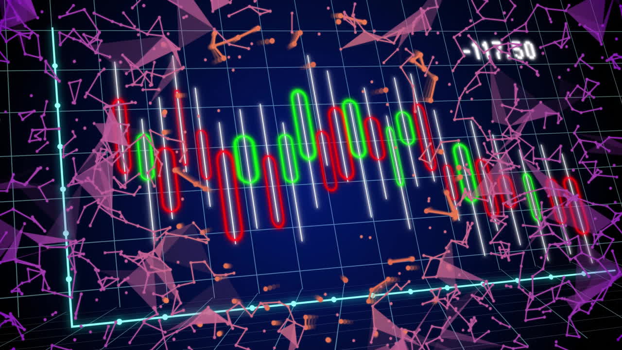 Animation of financial data processing and connections over dark background