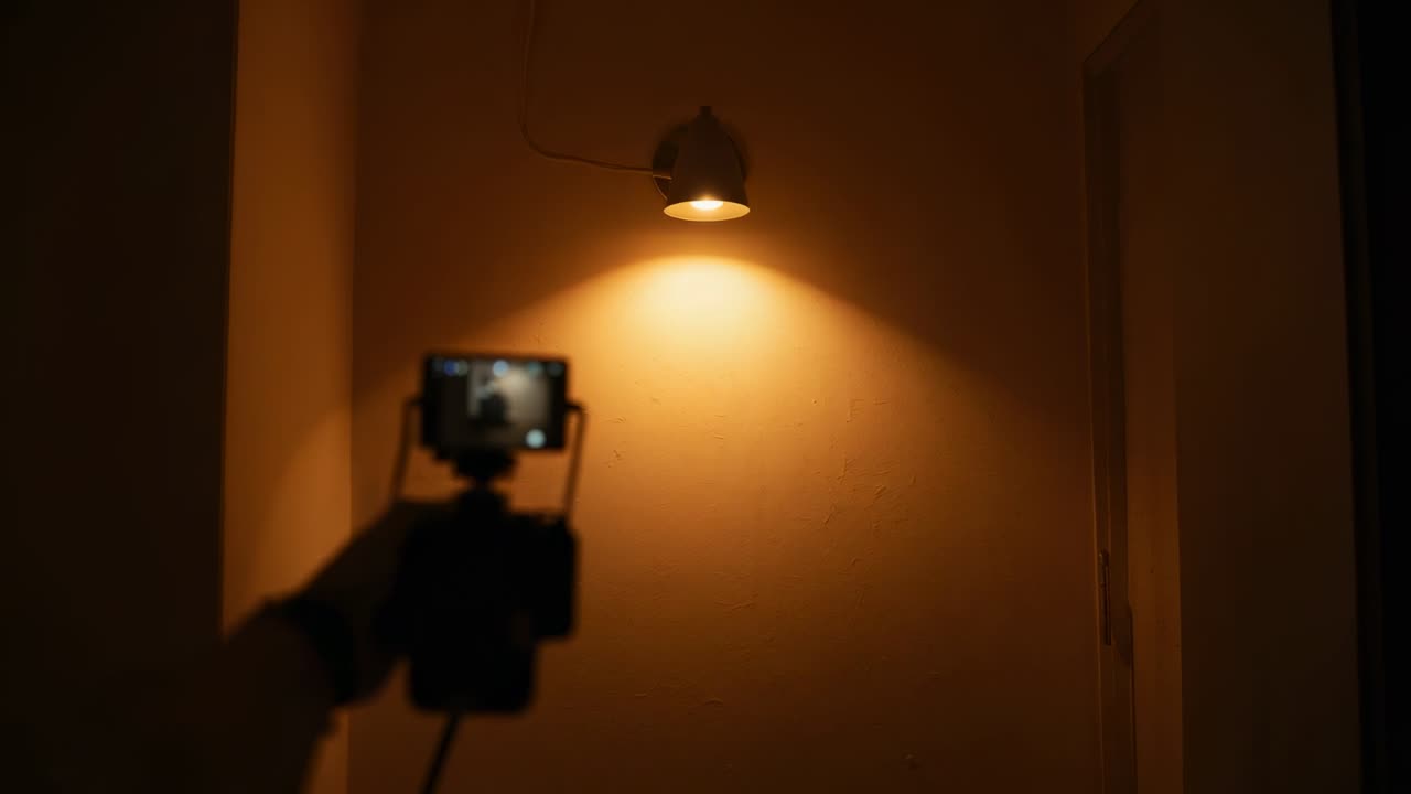 Sosteniendo la empuñadura de la cámara después de que la pantalla se encendiera, la manga ajustando el encuadre en el aplique del pasillo, apuntando una luz cálida.