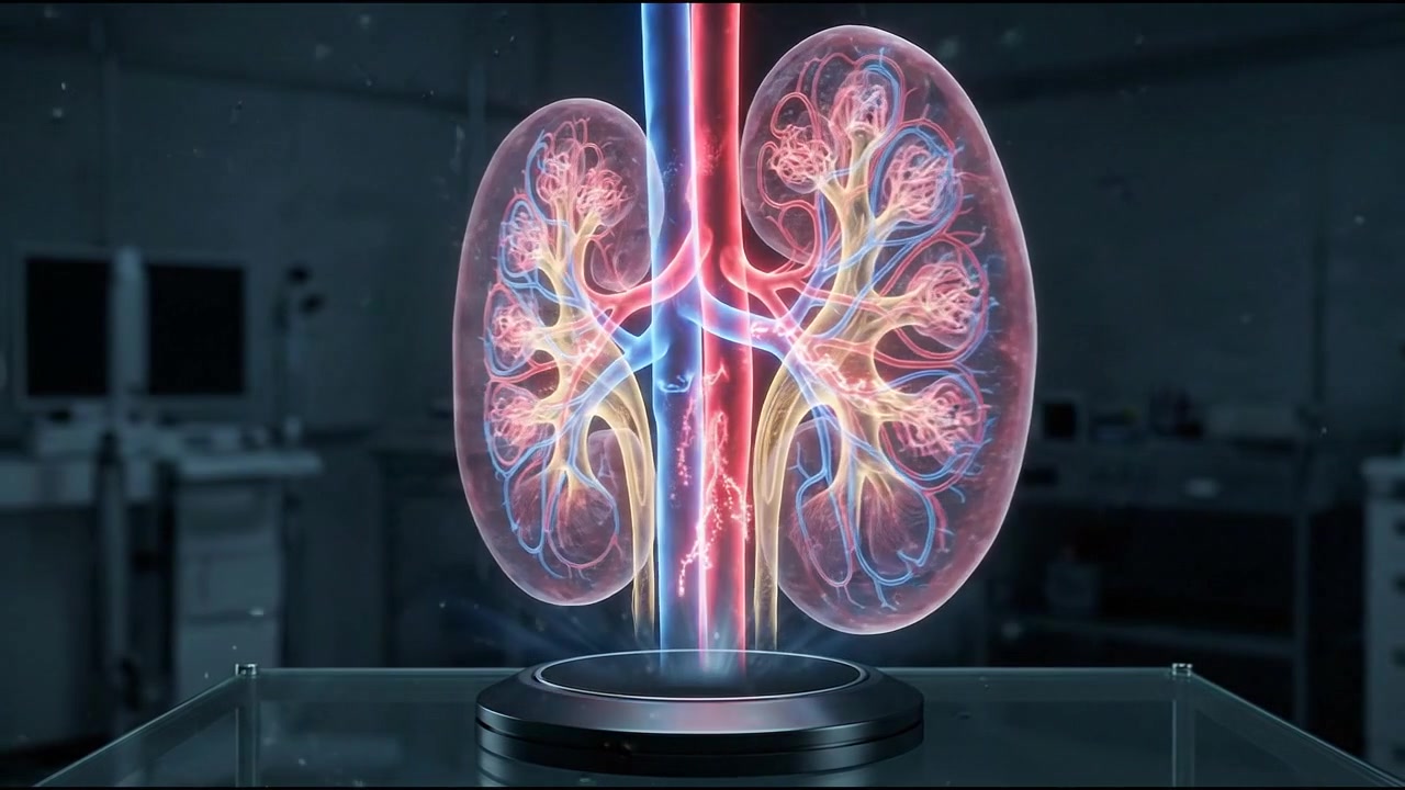 Pair of glowing 3D human kidneys showing internal renal tubules