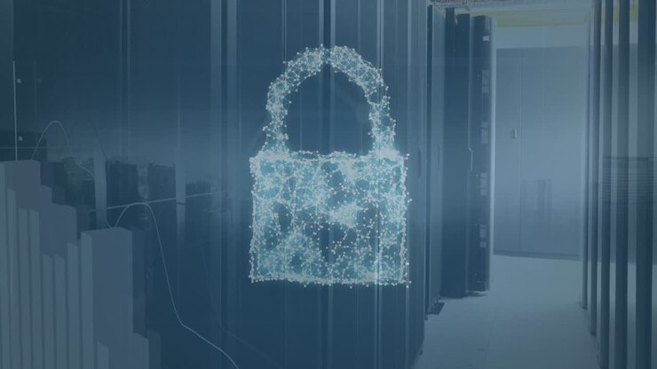 Animation of connected dots forming lock, shield, cloud and graphs over data server racks