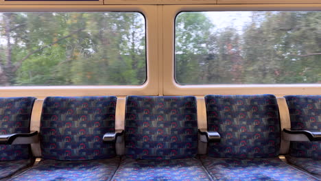 Close-up-empty-seats-on-London-Underground-tube-travelling-outside