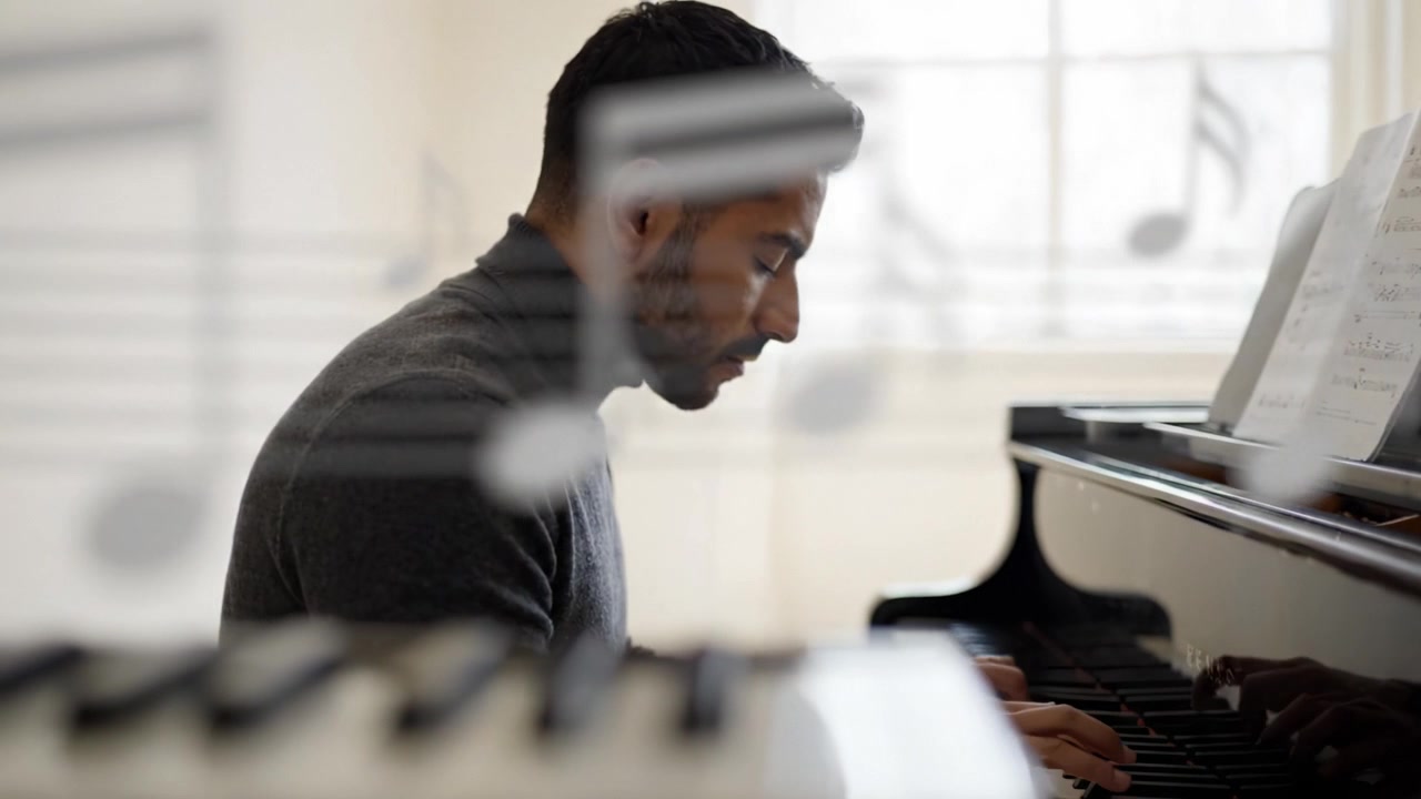 En passioneret pianist fordyber sig i musikalsk komposition, omgivet af noder og partiturer i et lyst oplyst rum fyldt med kunstnerisk inspiration.