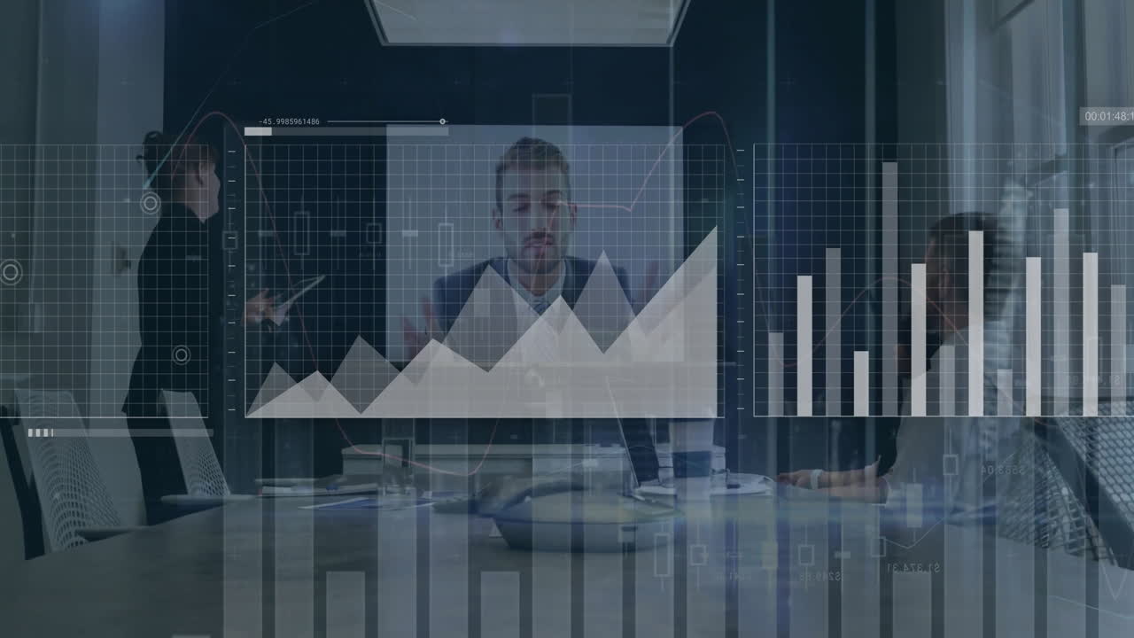 Animation of financial data processing over diverse business people in ...