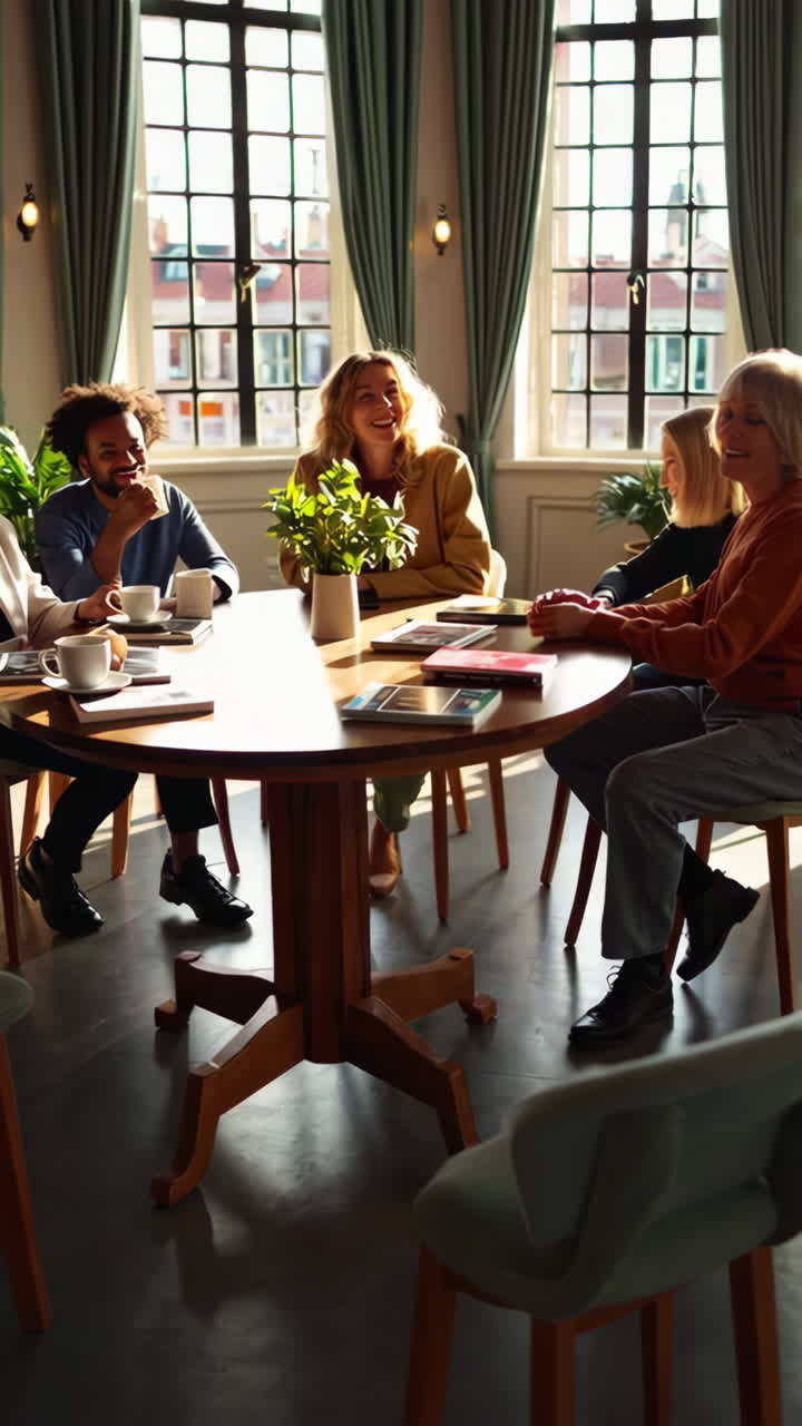 Group of diverse people having a meeting or discussion around a table in a cafe.