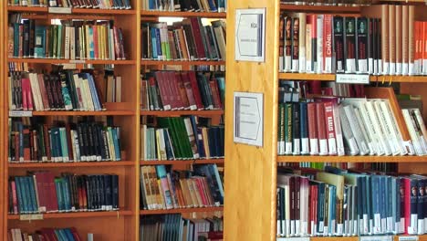 a rack of books arranged in a local library