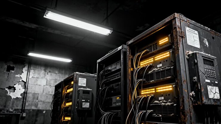 Panning camera revealing rightmost rusted server rack in basement equipment room, amber LEDs
