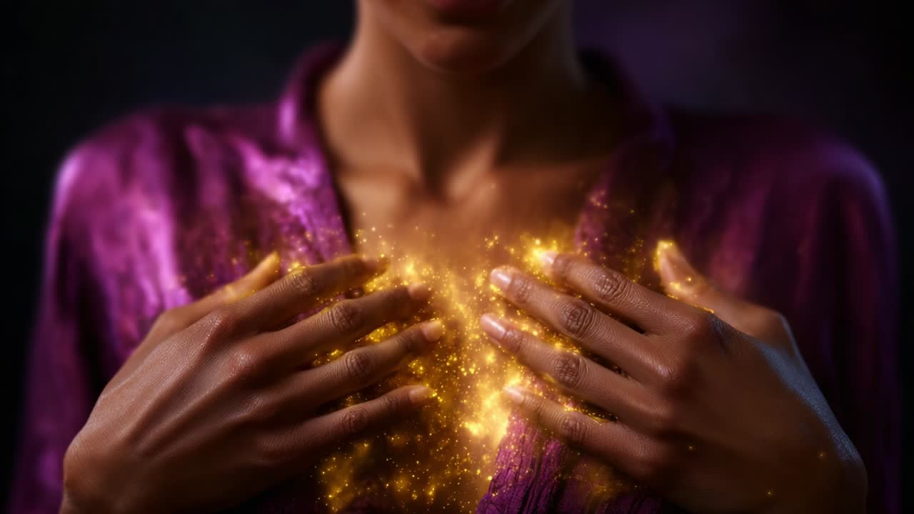 A Captivating Display of Ethereal Energy: A Person Gently Cradles Their Chest Surrounded by Radiant Golden Light, Enhancing the Mystique and Visual Appeal of the Scene with Sparkling Particles and Vibrant Colors