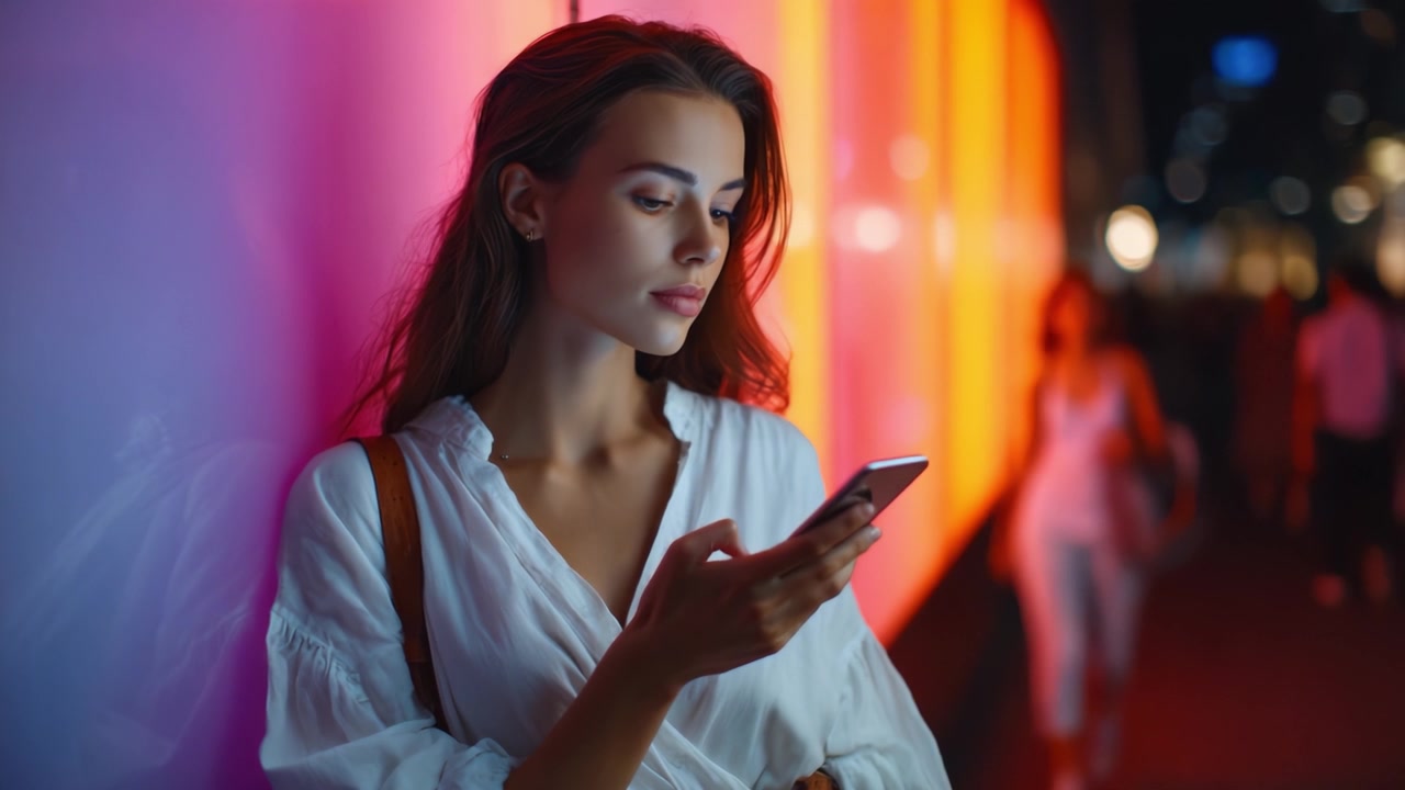 Una giovane donna concentrata sul suo smartphone illuminata da luci colorate della città in un'atmosfera urbana, che raffigura una fusione di tecnologia e stile di vita moderno