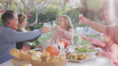 video of happy caucasian parents, daughter and grandparents making a toast at outdoor dinner table