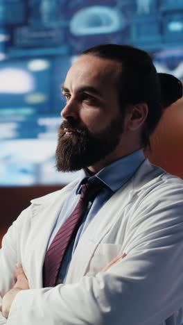 vertical video young medic interacting with virtual health technology for telemedicine