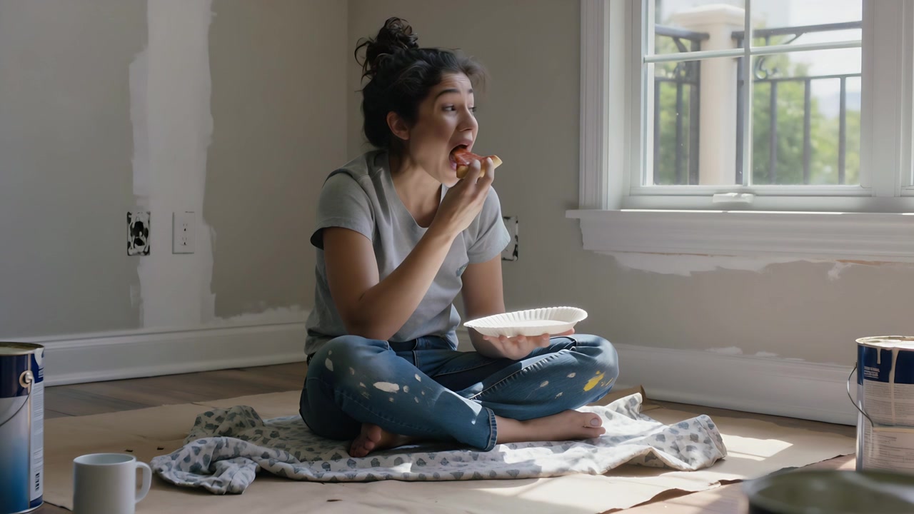 Una donna con leggings dipinti, in pausa per mangiare, tiene un piatto di carta e osserva fuori dalla finestra, circondata da barattoli di vernice.