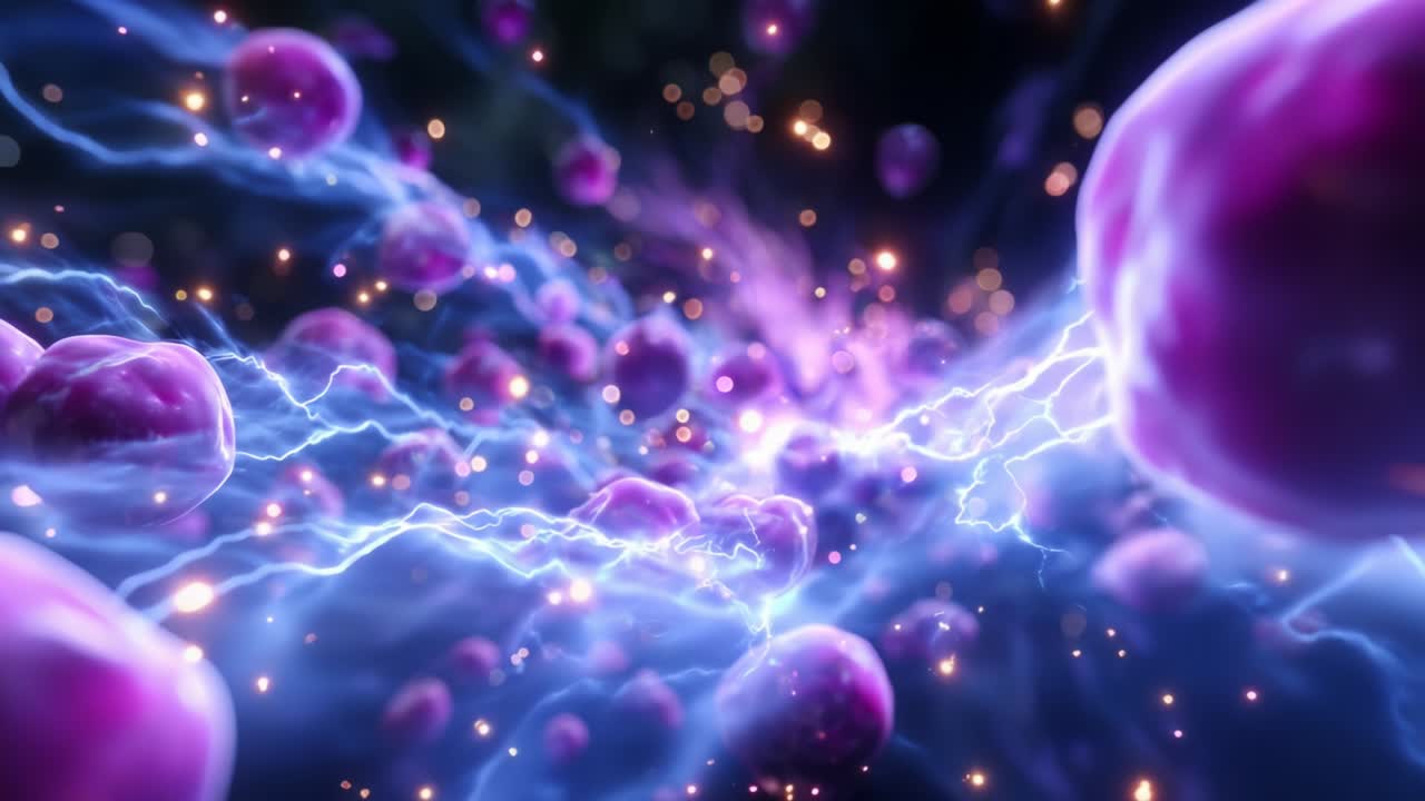 Dynamic Visualization of Cellular Structures and Electric Activity in a Microscopic Environment, Illustrating the Interplay of Particles and Energies Within a Complex Biological System