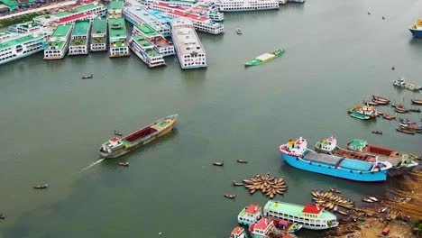aerial shot of cargo boats sailing and ferry ship moored at a river in bangladesh
