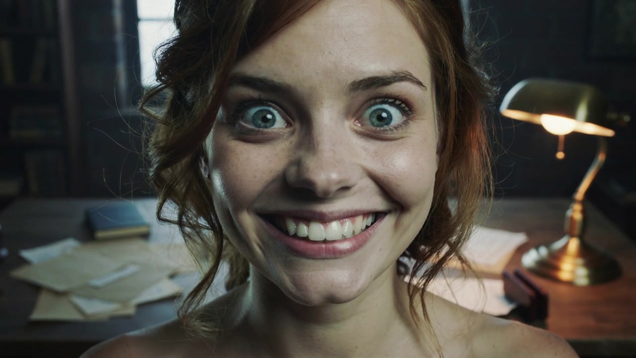 Smiling woman wearing strapless top reacting to camera start, leaning in study by desk, brass lamp