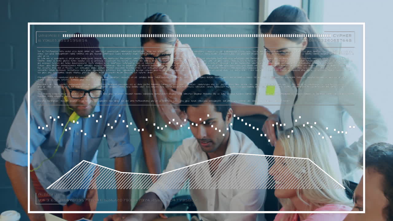 animación de procesamiento de datos y puntos sobre diversas personas de negocios hablando en la oficina.