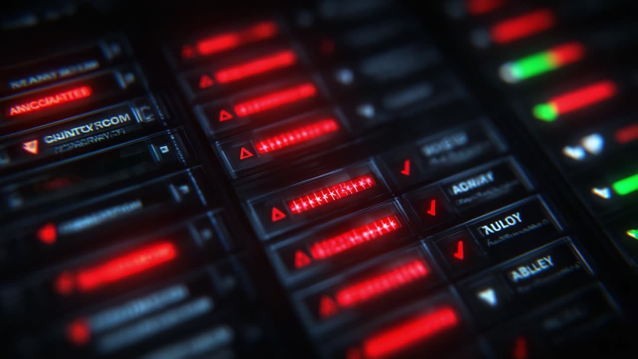 Futuristic Control Panel Interface with Alert Indicators and System Readouts Displayed in a Sleek, High-Tech Design Featuring Red and Green Highlights