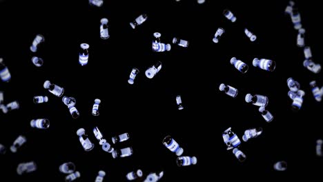 Flying many vaccine bottles on black background. Medical concept. Virus cure. Transparent liquid. 3D loop animation of vaccines.