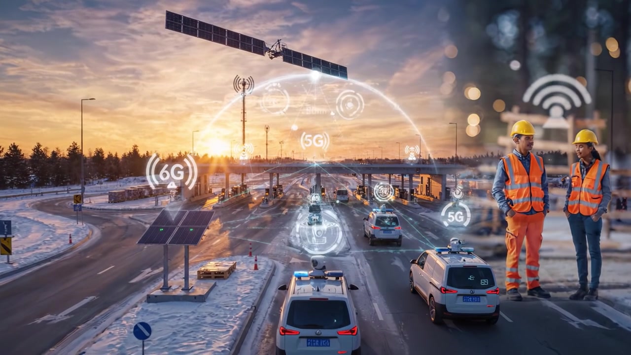 Un suggestivo tramonto invernale su un casello trafficato con infrastrutture di tecnologia intelligente e veicoli connessi che rappresentano il futuro della gestione del traffico urbano.