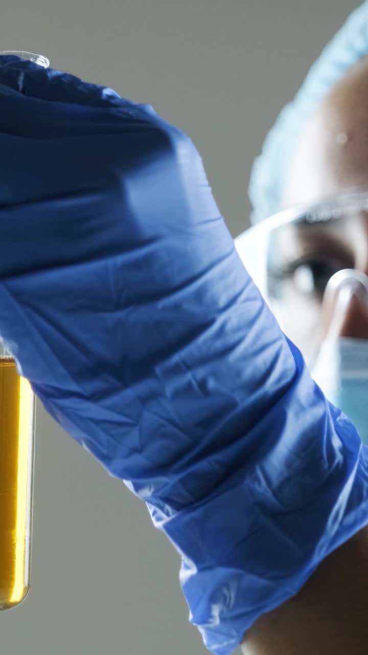 Scientist holding a test tube with a yellow liquid