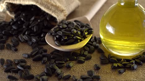 sunflower seeds and oil close up.