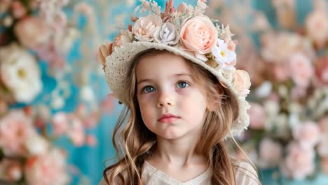 a little girl wearing a flower crown standing in front of a bunch of flowers