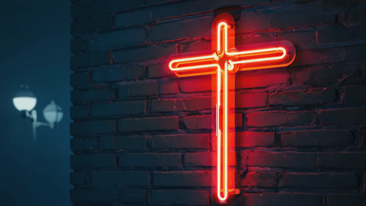 Glowing red neon cross illuminating dark, textured brick wall, streetlamp casting soft shadows, conveying spiritual symbolism and urban atmospheric mood