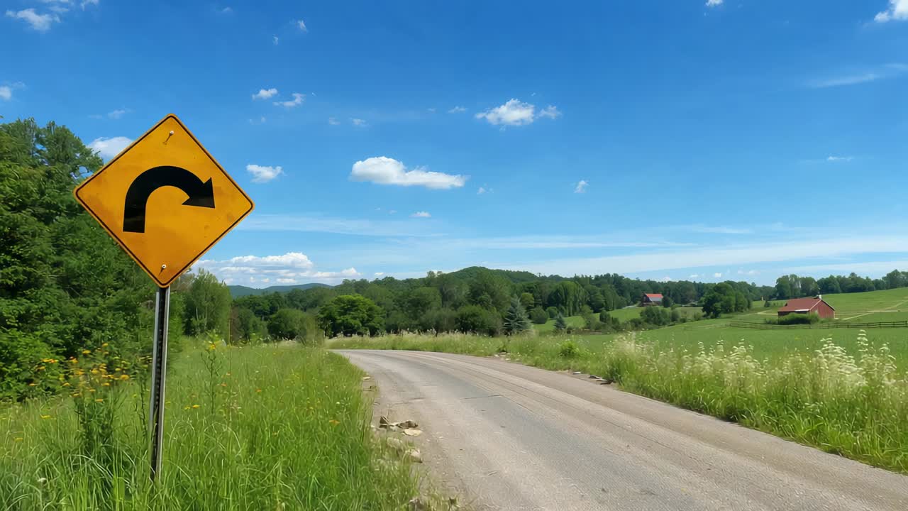 Starting camera near yellow left-turn sign advancing along gravel road revealing red-roof farmhouse