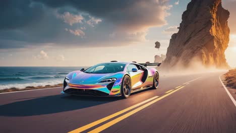 holographic sports car on a scenic coastal road at sunset