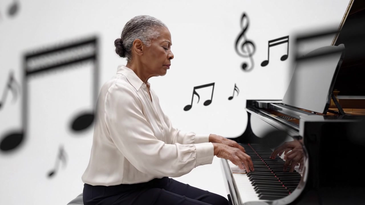 A talented musician gracefully plays a grand piano, surrounded by flowing musical notes that create a serene atmosphere of creativity and artistic expression.