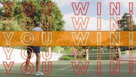 senior man and woman hitting ball over tennis net for fitness, with animated chart overlay