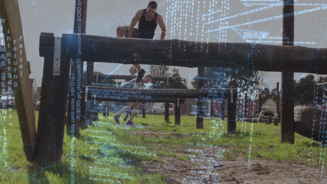 Male athlete starting crawling under beams hoisting over log with code overlay in fitness training